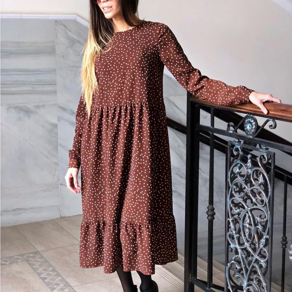 Elegant Brown Polka Dot Dress